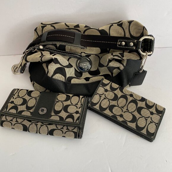 3 pc Coach Signature Monogram Shoulder Bag & Wallet & Checkbook Holder - Picture 9 of 14